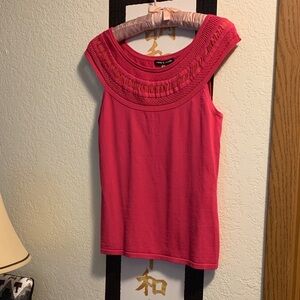 Vibrant Pink Cable & Gauge Knit Shell - Mesh & Ruffle Accent - Medium